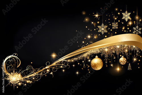 Merry Christmas decorations and happy new year background with copy space. Golden sparkling stars on black background. Elegant Christmas background