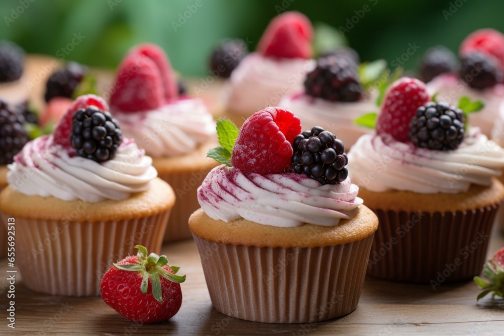 delicious berry cupcakes on a bright summer day. Generative AI