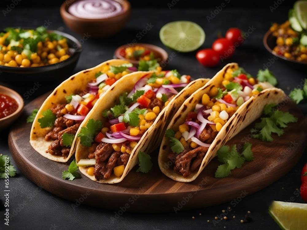 Mexican tacos with beef and vegetables on wooden serving board Mexican tacos with beef and vegetables on wooden serving board