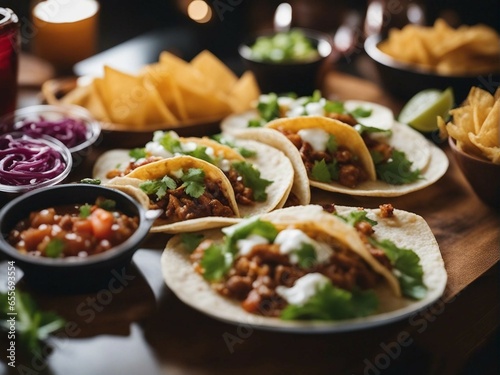 Delicious Mexican tacos with beef and vegetables in dark plate at restaurant table