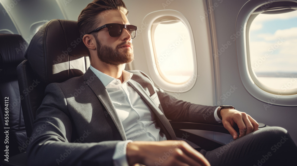Luxurious businessman is sitting and traveling in private plane Luxurious businessman is sitting and traveling in private plane