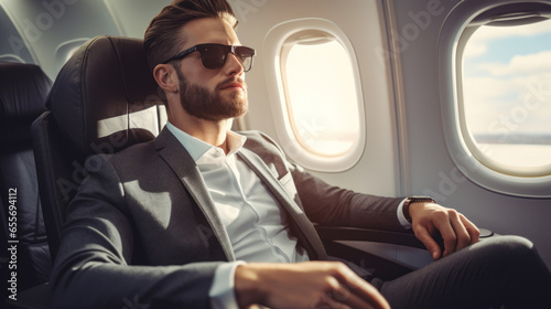 Luxurious businessman is sitting and traveling in private plane