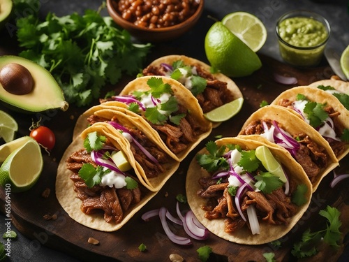 Wallpaper Mural Delicous Mexican tacos with beef and vegetables, above view. Torontodigital.ca