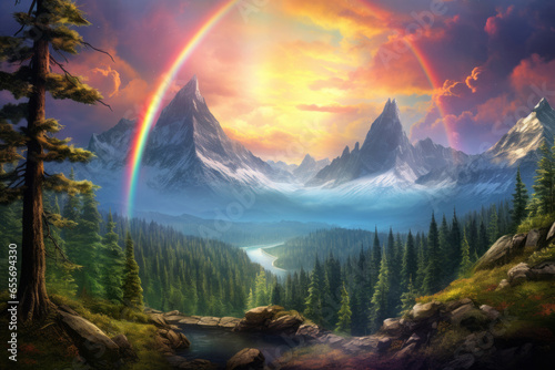Magical fantasy rainbow over the majestic landscape © standret