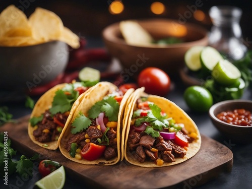 Delicious Mexican tacos with beef and vegetables in dark plate at restaurant table