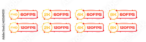 Resolution and fps icons. Flat, red, 60 or 120 fps icons, Full HD, 2K, 4K resolutions, resolutions and fps. Vector icons