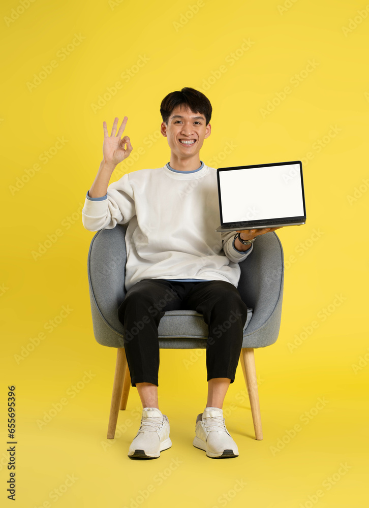 full body of young Asian man wearing sweater and using latop on yellow background full body of young Asian man wearing sweater and using latop on yellow background
