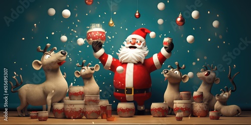 Happy glass Christmas festival Santa cluase and reindeer juggles several , Christmas concept, 3d illustration, render. photo