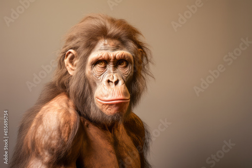 Australopithecus on a dark studio background, highlighting its anthropological features. rtistic representation using artificial intelligence. Not a scientific reconstruction photo