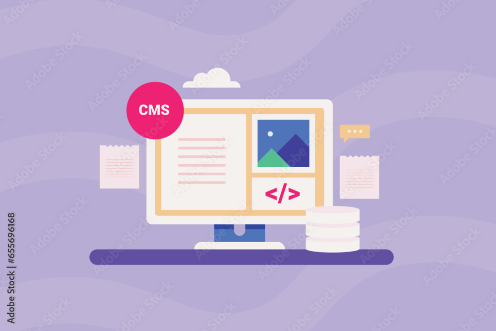 Website content management system, CMS software, CMS hosting, Website content update, managing digital content for website, Vector illustration background. Website content management system, CMS software, CMS hosting, Website content update, managing digital content for website, Vector illustration background.