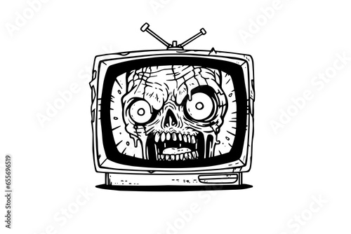 Zombie TV box hand drawn ink sketch. Engraving style vector illustration