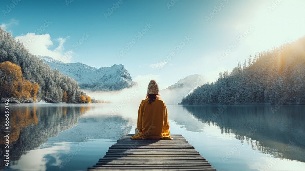 Calm morning meditation by the lake. Young woman outdoors on the pier. Wellbeing and wellness soul concept. Summer nature. Woman feeling freedom, enjoying vacation. No stress, calm mind, relax