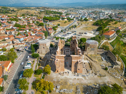 The Red Hall Basilica and Bergama Town drone view in Turkey photo