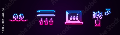 Set line Plant, Smart farm with bulb and plant, farming technology and . Glowing neon icon. Vector