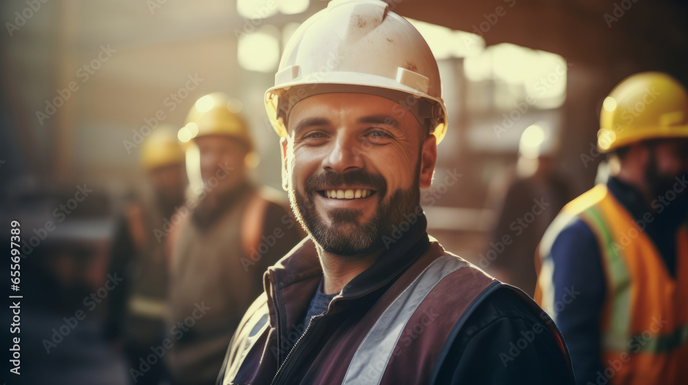 Group of happy team of construction workers that are in protective hats outdoors Group of happy team of construction workers that are in protective hats outdoors