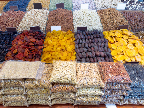 dried fruits and nuts on the market counter