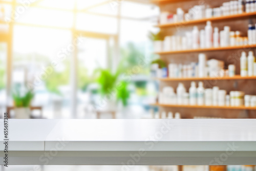 Empty table top with blurred pharmacy drugstore interior on background. Products presentation concept photo