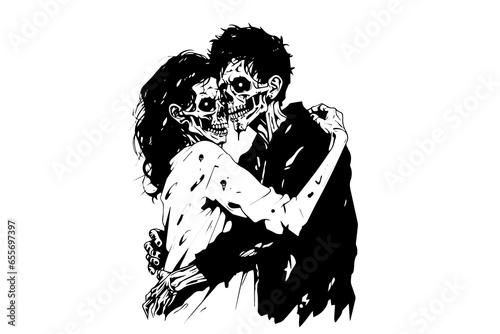 Zombie love match pair hand drawn ink sketch. Woman and man zombies. Engraved style vector illustration