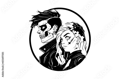 Zombie love match pair hand drawn ink sketch. Woman and man zombies. Engraved style vector illustration