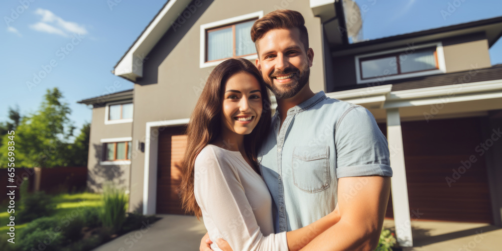 Happy young couple standing in front of new home Happy young couple standing in front of new home