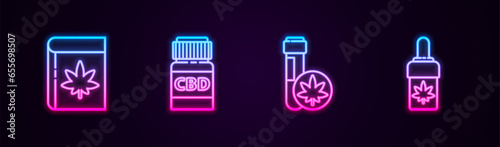 Set line Book and marijuana or cannabis, Medical bottle with, Chemical test tube and Marijuana olive oil. Glowing neon icon. Vector