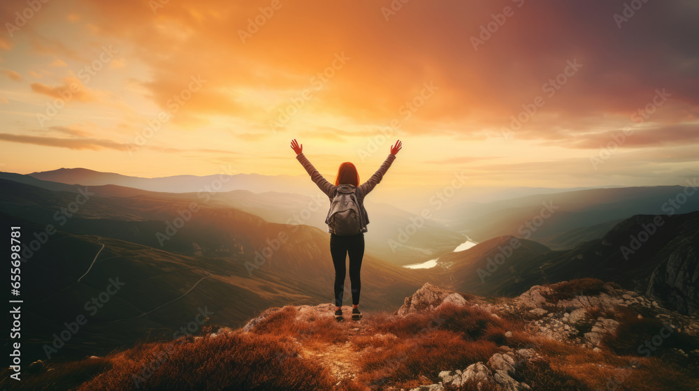 Hiking achievement. Woman is standing on the top of the mountain, majestic view Hiking achievement. Woman is standing on the top of the mountain, majestic view