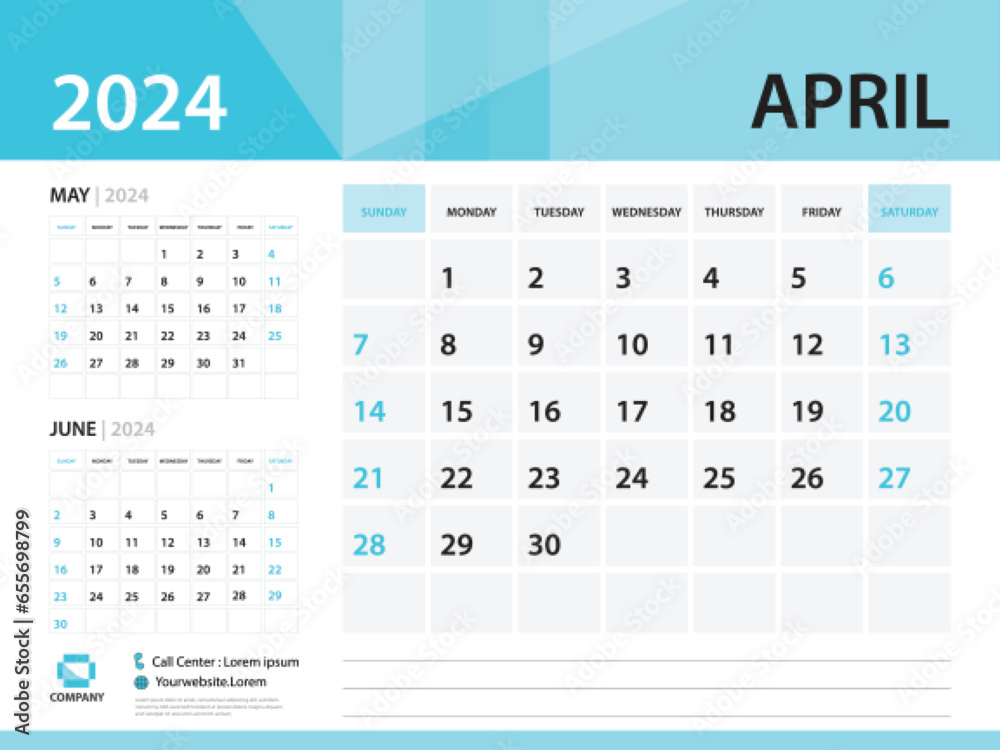 Calendar 2024 template, April 2024 year, Desk Calendar 2024 template, Week Start On Sunday, Wall calendar design, Planner layout, Stationery, Poster, printing media, Blue background vector
