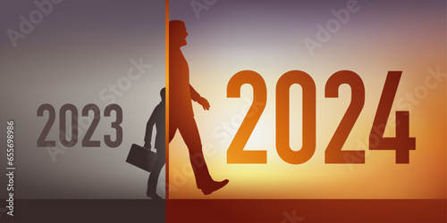 Concept de croissance et de développement pour une entreprise en 2024, avec comme symbole, un homme qui change d’année en ayant doublé de taille.