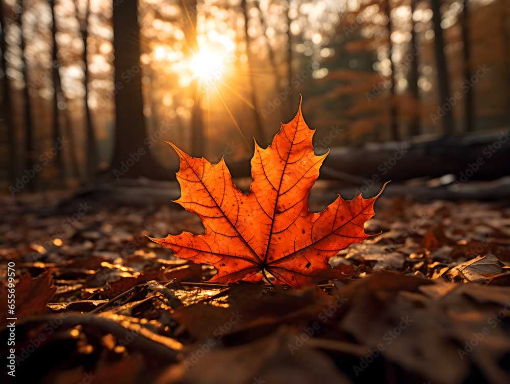 Vibrant Orange Autumn Maple Leaves on Forest Floor, Bathed in Golden Sunlight.