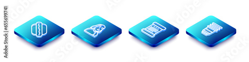 Set Isometric line Hotdog sandwich, Benjamin Franklin, Declaration of independence and Paper glass icon. Vector