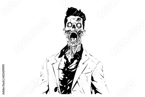 Zombie office worker hand drawn ink sketch. Engraved style vector illustration