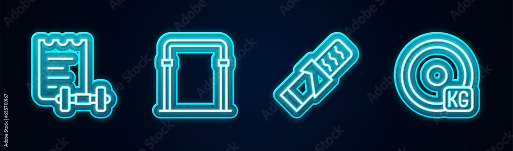 Set line Sport training program, horizontal bar, Protein sport and Weight plate. Glowing neon icon. Vector