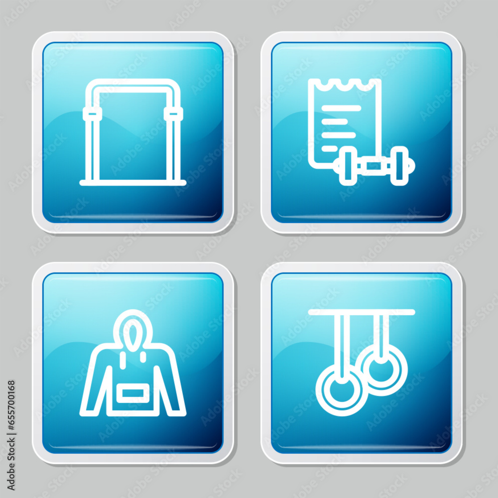 Set line Sport horizontal bar, training program, Hoodie and Gymnastic rings icon. Vector Set line Sport horizontal bar, training program, Hoodie and Gymnastic rings icon. Vector