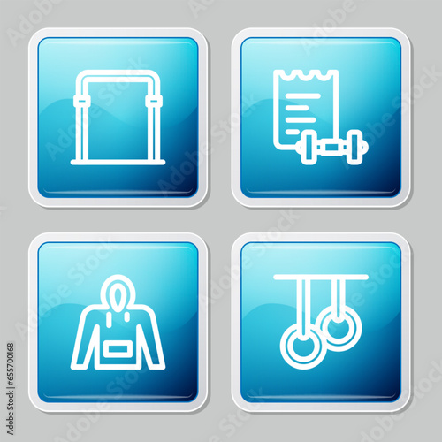 Set line Sport horizontal bar, training program, Hoodie and Gymnastic rings icon. Vector