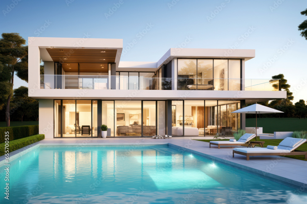 Fototapeta premium Exterior of modern minimalist cubic villa with swimming pool at sunset. Generative AI