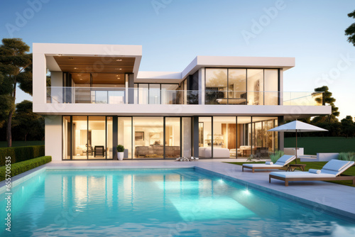 Exterior of modern minimalist cubic villa with swimming pool at sunset. Generative AI © Rafa Fernandez
