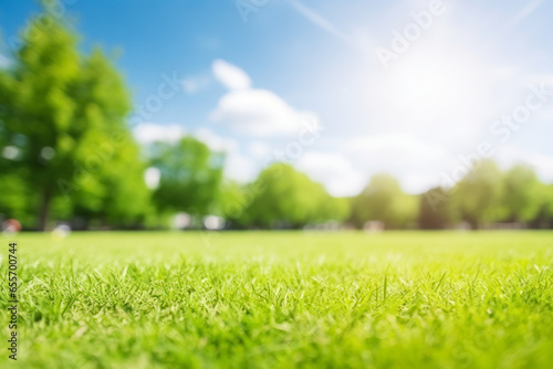 natural grass field background with blurred bokeh and sun. Ai generative