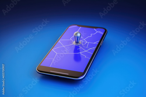 Cell phone with location icon, gps icon on mobile screen, blue background, Generative AI