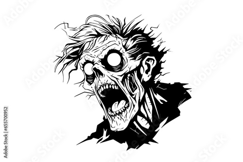 Zombie head hand drawn ink sketch. Vector illustration in engraving style