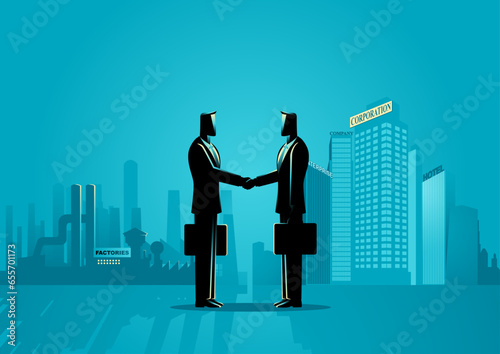 Two businessmen shaking hands, set against the backdrop of factory and enterprise buildings, symbolises a business-to-business deal, collaboration, partnership, corporate materials, and growth