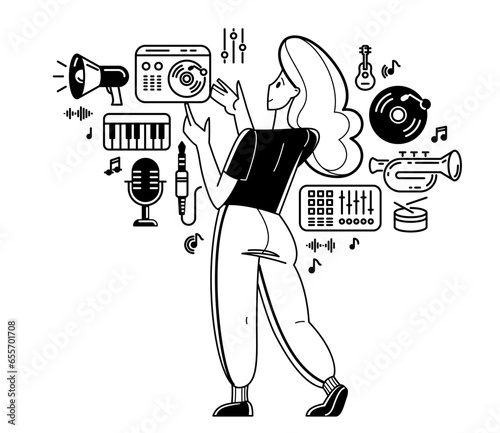 Music producer composing new track vector outline illustration, sound engineer doing his job in recording studio, composer creating audio mix.