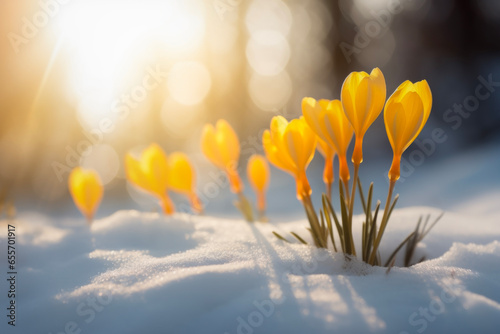 Nature lighting of spring landscape with first yellow crocuses flowers on snow in the sunshine and beautiful sky. Life or nature botanical concept. © cwa