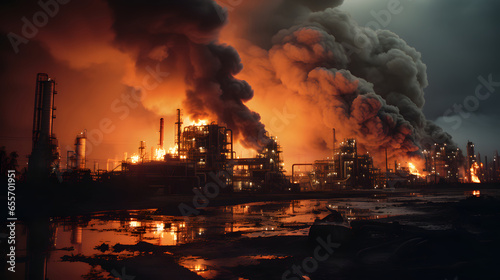 Fire and refinery plant   concept crisis a large oil refinery fire and emergency fire case.