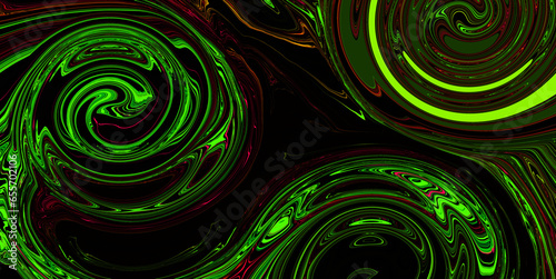 Bright neon light green swirl on black background. Abstract liquid wave. Art trippy glitch backdrop. VR texture. Marble graphic. Wallpaper. New innovation technology. Reducing carbon footprint concept