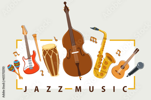Jazz music band poster different instruments vector flat illustration, live sound festival or concert advertising flyer or banner, play different instruments orchestra.