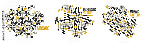 Abstract black and yellow mosaic vector backgrounds set, artistic design elements collection trendy modern style graphic, texture pattern beautiful digital art.