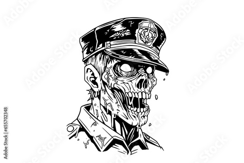 Zombie Policeman head hand drawn ink sketch. Vector illustration in engraving style
