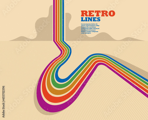 Retro style abstract background with curve lines in all colors of rainbow, 3D dimensional seventieth vector art.