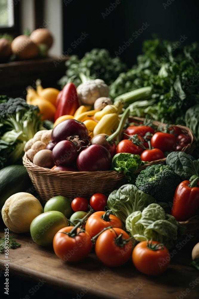 A colorful variety of fresh vegetables on a rustic wooden table A colorful variety of fresh vegetables on a rustic wooden table