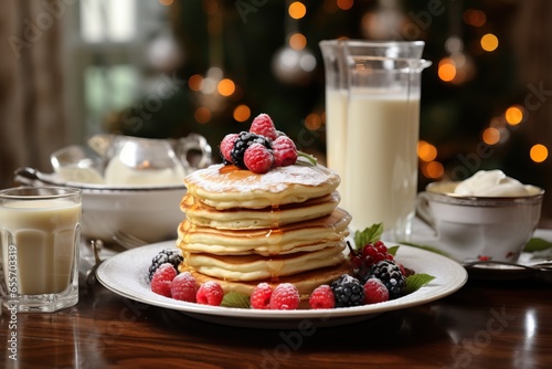 Breakfast of pancakes with raspberries  cozy morning atmosphere